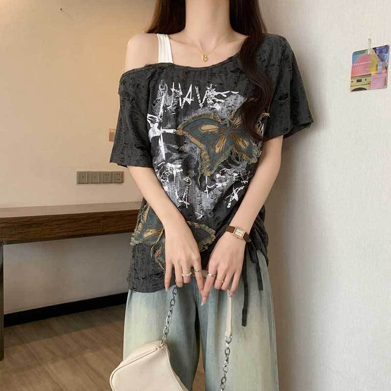 斜肩蝴蝶短袖T